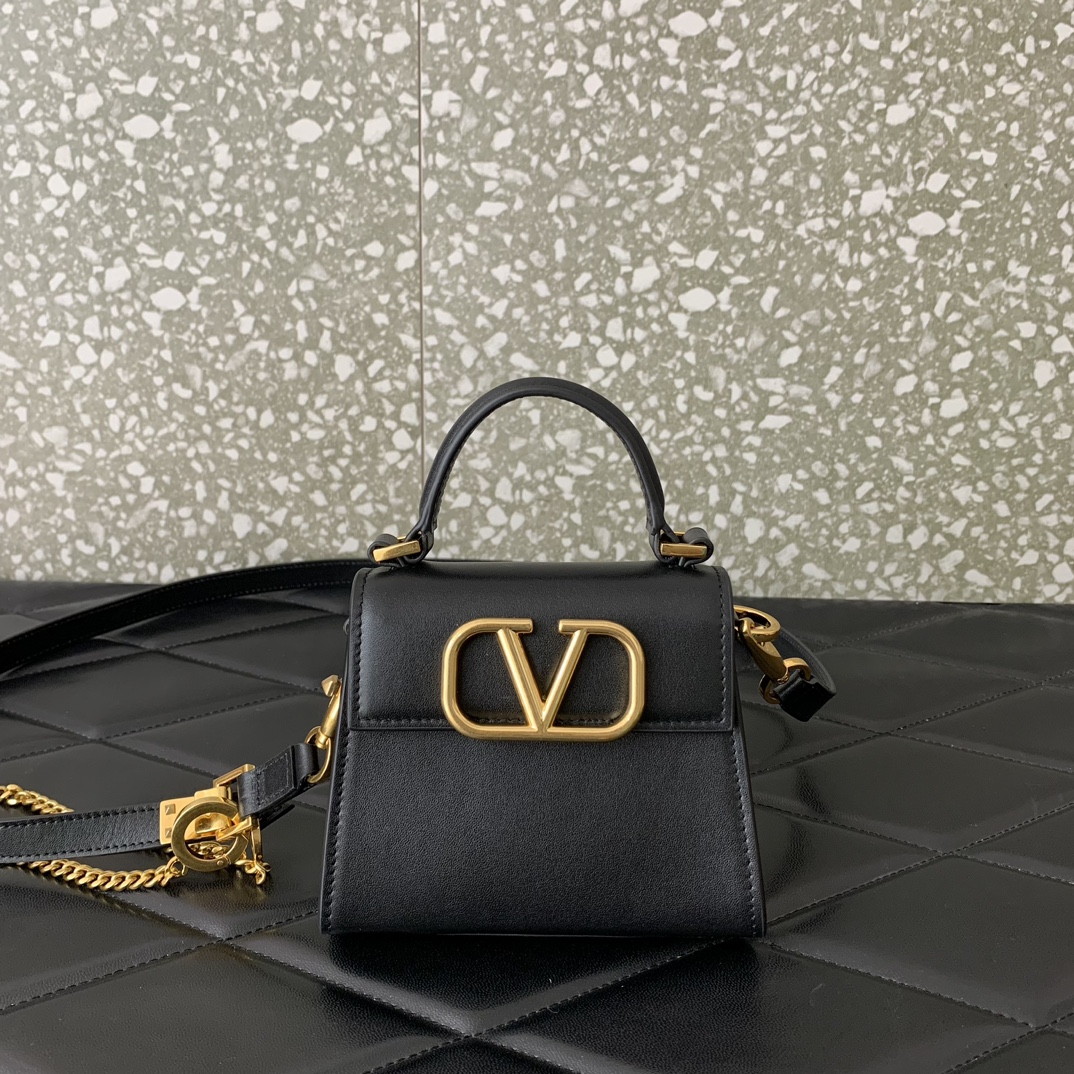 Valentino Garavani Vsling Micro Handbag in Black Grainy Calfskin Leather 